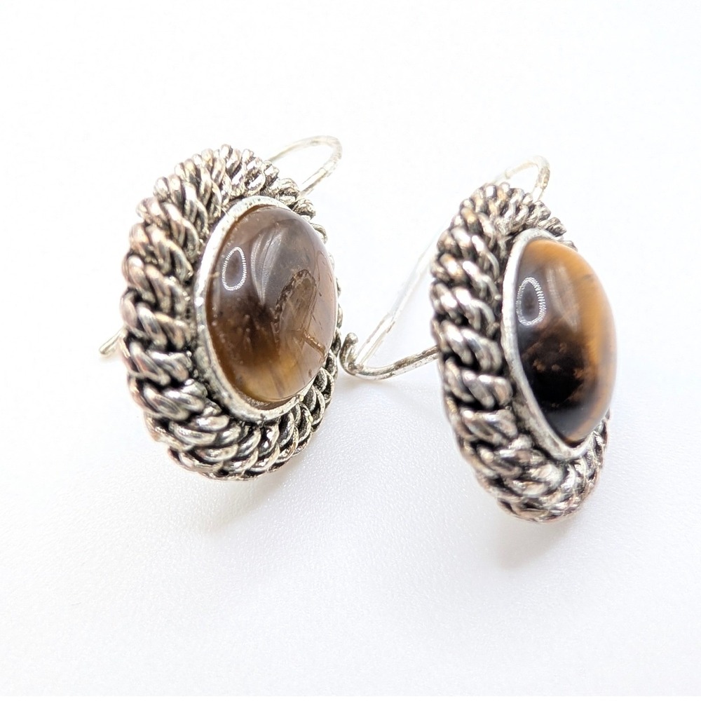Avon Vintage Tigers Eye Silver Tone Rope Border Kidney Wire Drop Earrings - Picture 3 of 4